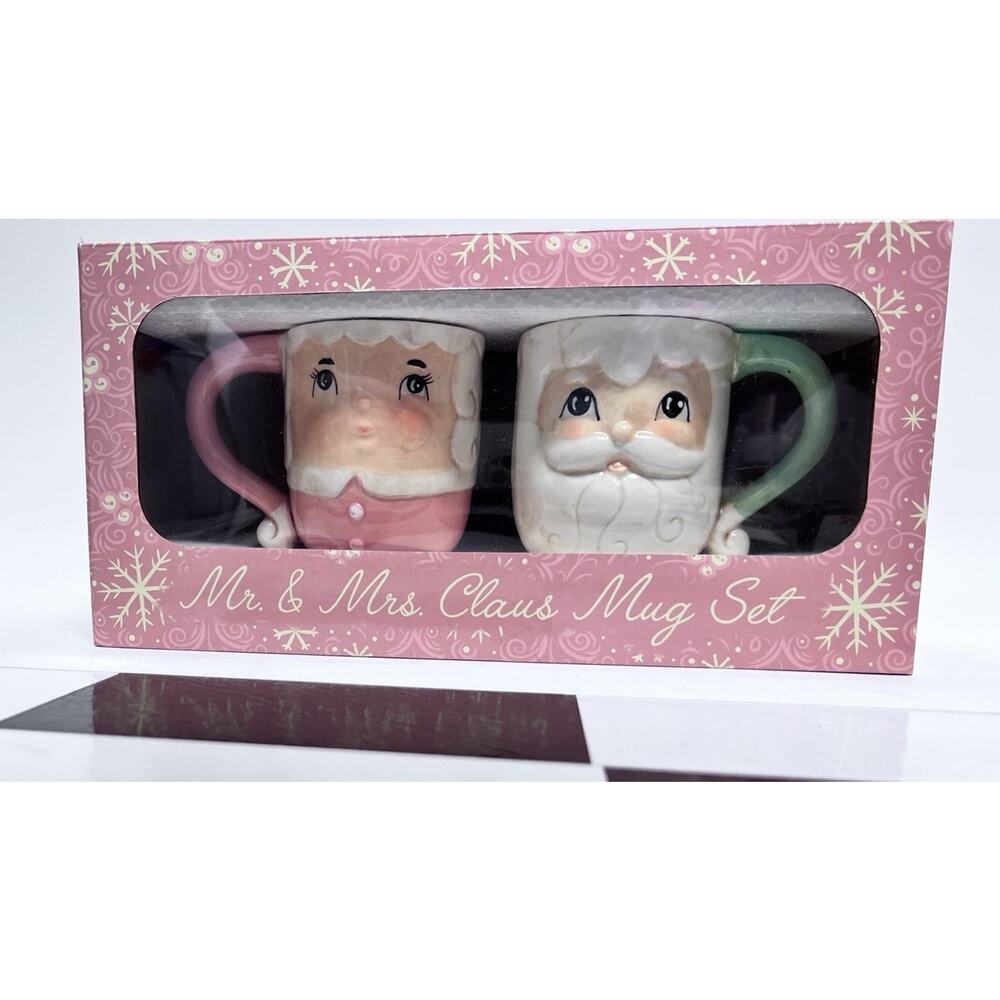 Johanna Parker Pastel Mr. & Mrs. Claus Pedestal Mug Set Pink Jade Holiday Retro‎